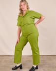 Short Sleeve Jumpsuit in Gross Green angled front view on Lish