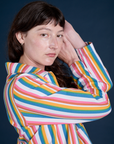 Stripe Work Jacket in Rainbow Stripe sleeve close up on Alex