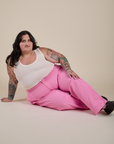 Work Pants in Bubblegum Pink and Cropped Tank in Vintage Tee White on Sam