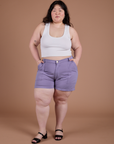 Classic Work Shorts in Faded Grape and Cropped Tank in Vintage Tee White on Ashley
