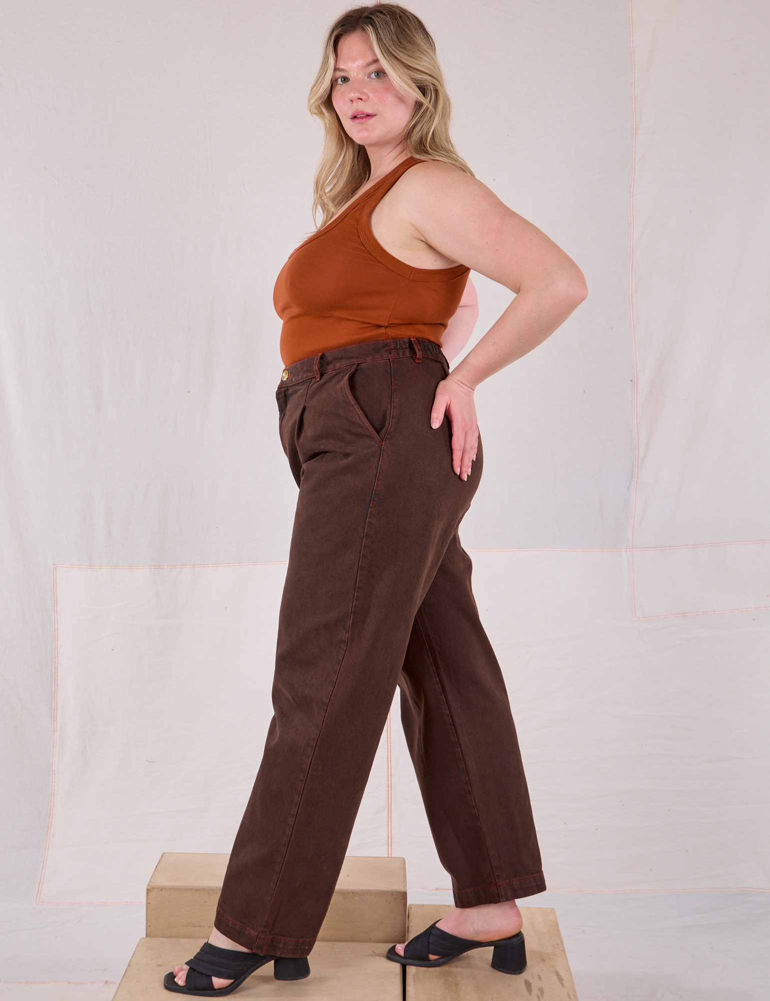 Side view of Overdyed Denim Trouser in Fudge on Lish