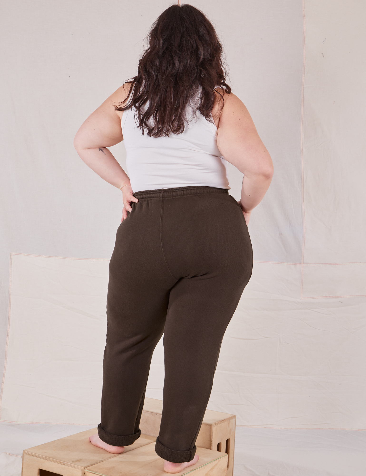 Back view of Rolled Cuff Sweat Pants in Espresso Brown and Cropped Tank in vintage tee off-white on Ashley