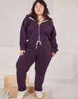 Ashley is wearing Rolled Cuff Sweat Pants in Nebula Purple and matching Cropped Zip Hoodie