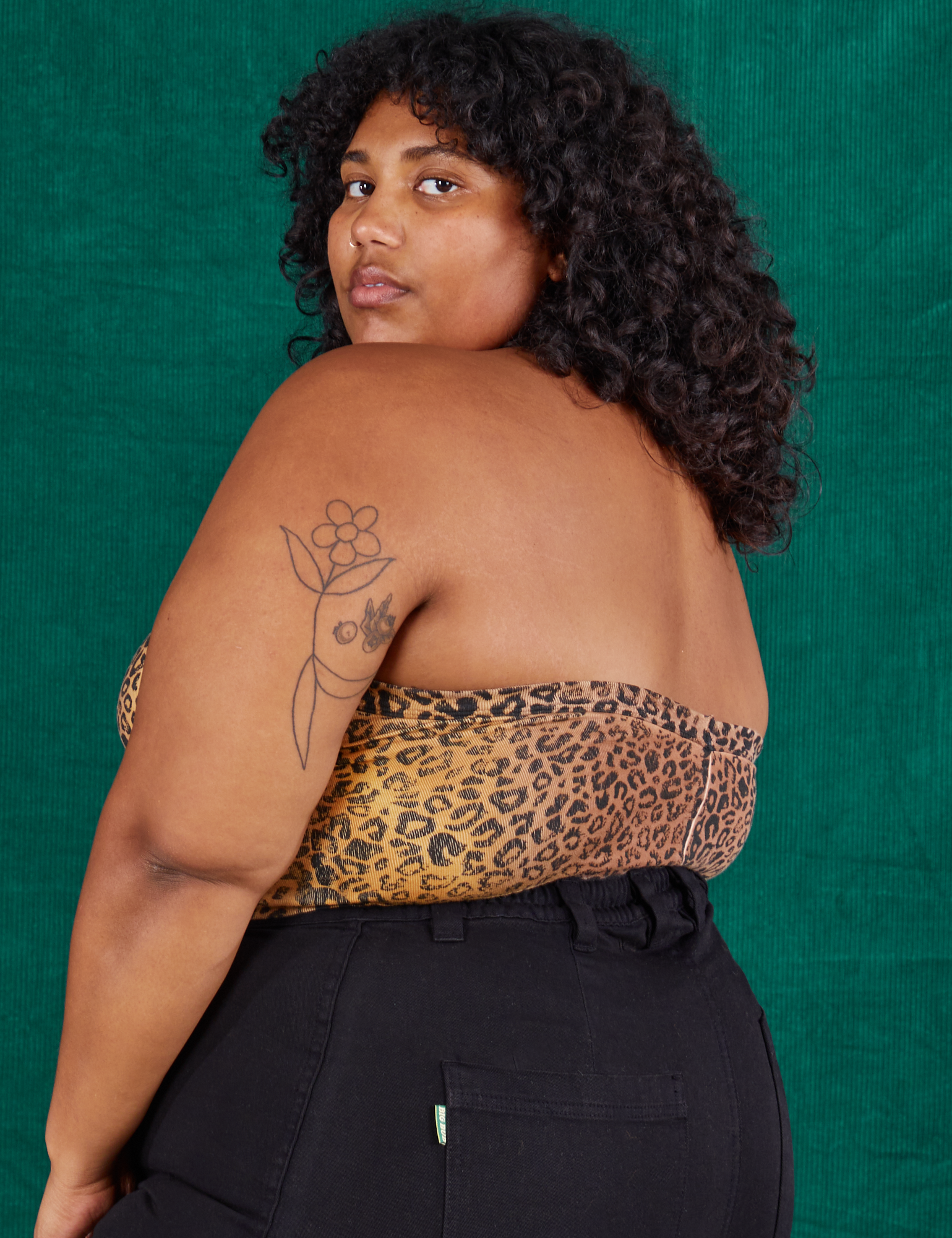 Angled back view of  Leopard Print Halter Top on Morgan