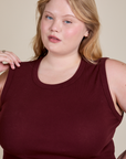 Muscle Tee in Red Wine front close up on Juliet