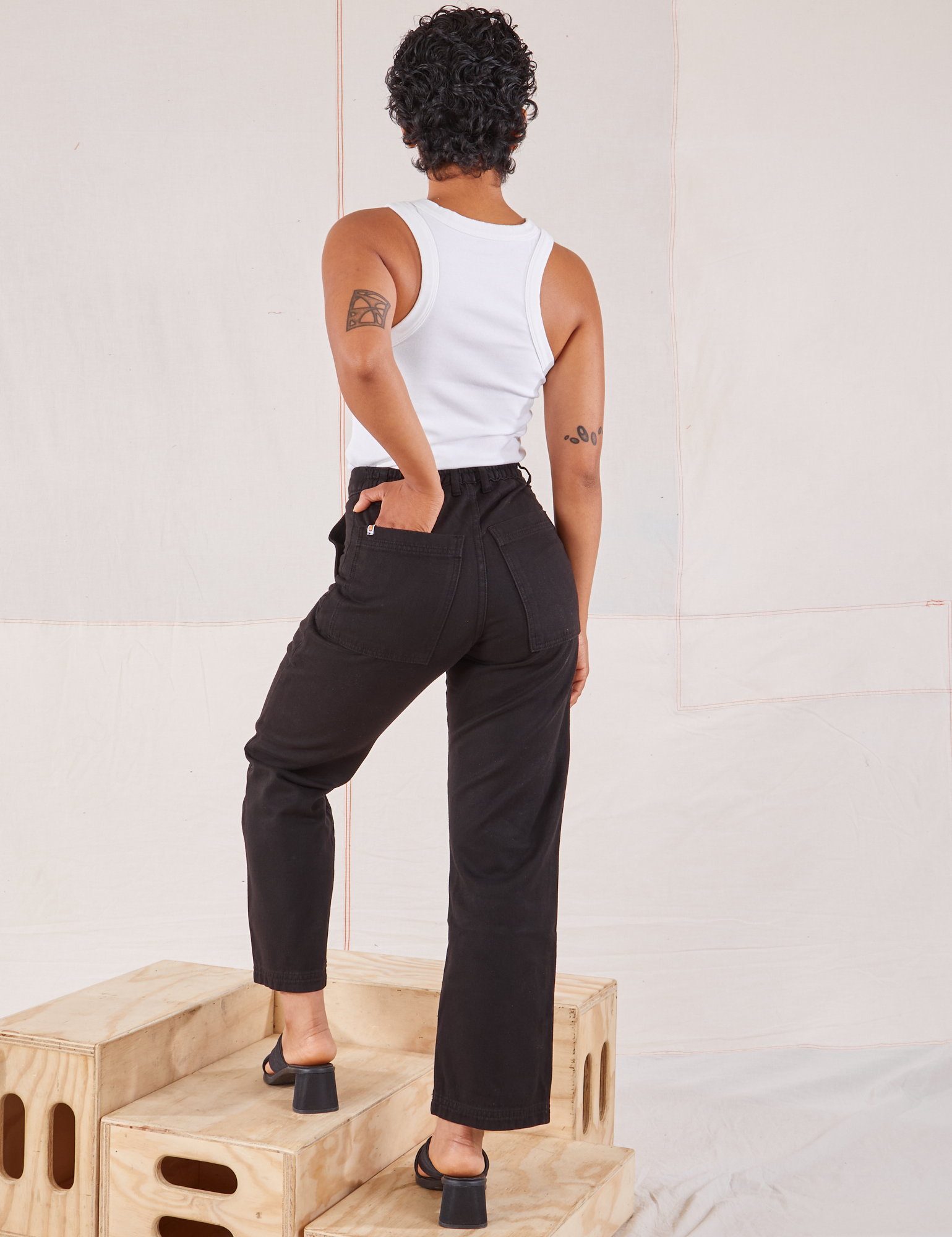Organic Work Pants in Basic Black back view on Mika