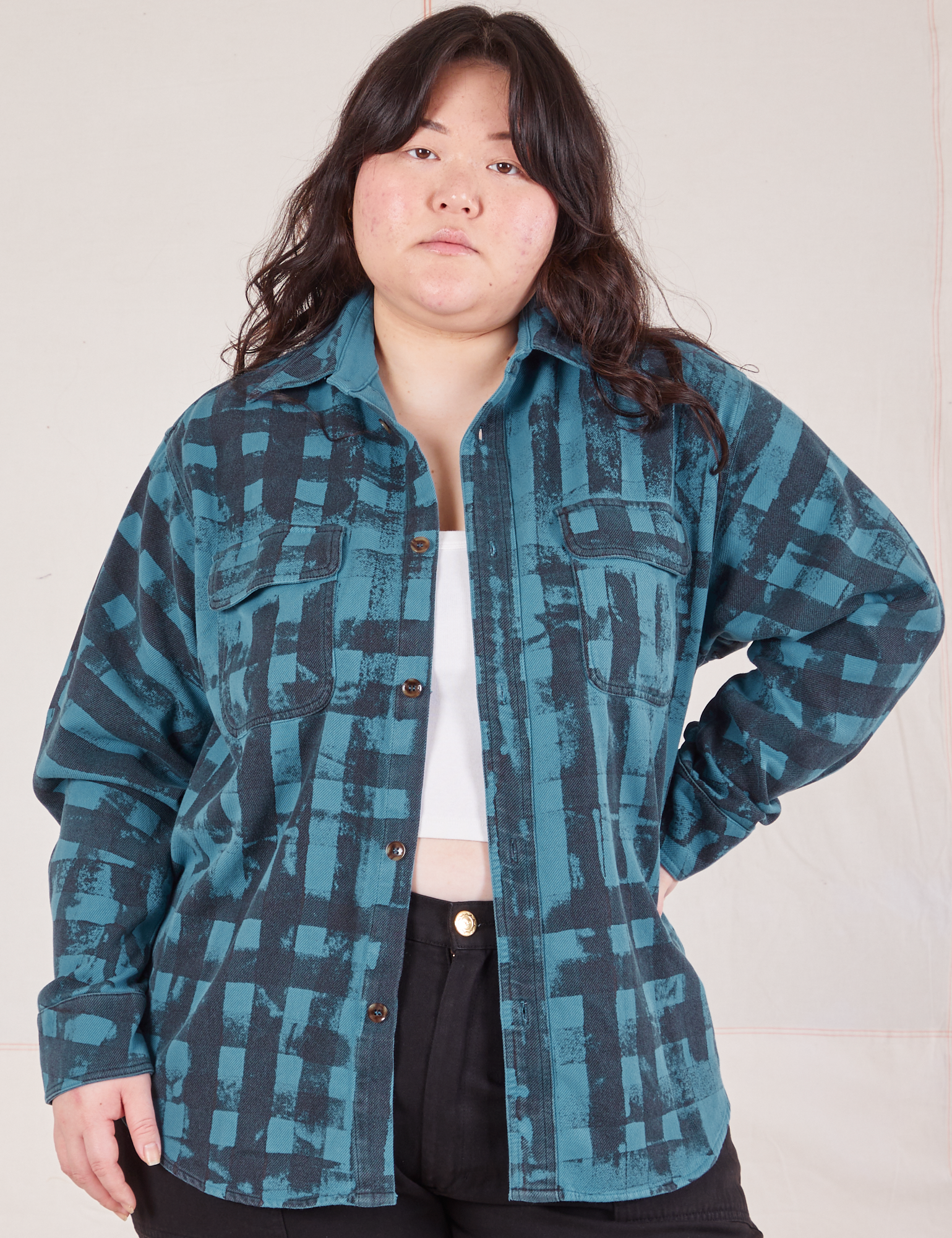 Ashley is wearing Plaid Flannel Overshirt in Marine Blue