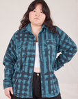 Ashley is wearing Plaid Flannel Overshirt in Marine Blue