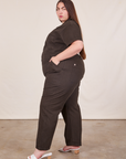 Side view of Short Sleeve Jumpsuit in Espresso Brown worn by Marielena