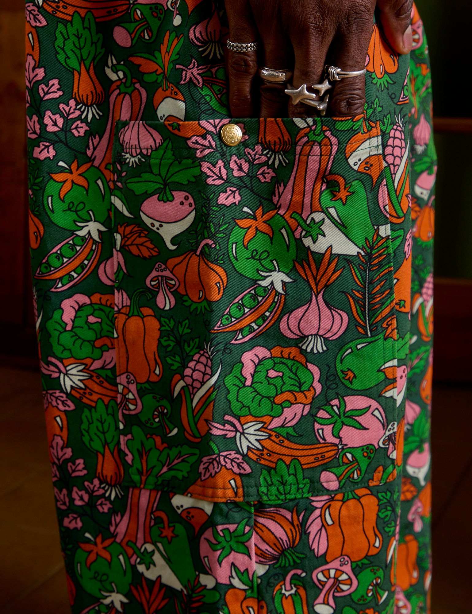 Close up of Jerrod's hand in the side pocket of Drop Pocket Cargo Pants in Kitchen Collection