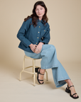 Denim Work Jacket in French Blue and light wash Indigo Wide Leg Trouser on Alex