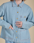 Indigo Denim Work Jacket in Light Wash on Hana