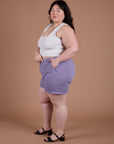 Side view of Classic Work Shorts in Faded Grape and Cropped Tank on Ashley