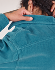 Back shoulder close up of Corduroy Overshirt in Marine Blue up on Jesse