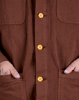 Close up of Ripstop Field Coat in Fudgesicle Brown on Sam