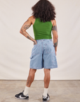 Back view of Carpenter Shorts in Light Wash and lawn green Cropped Tank on Jesse