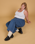 Baggy Mid-Rise Trousers in French Blue and Cropped Tank in Vintage Tee White on Juliet