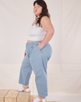 Side view of Heavyweight Trousers in Periwinkle and Cropped Cami in vintage tee off-white
