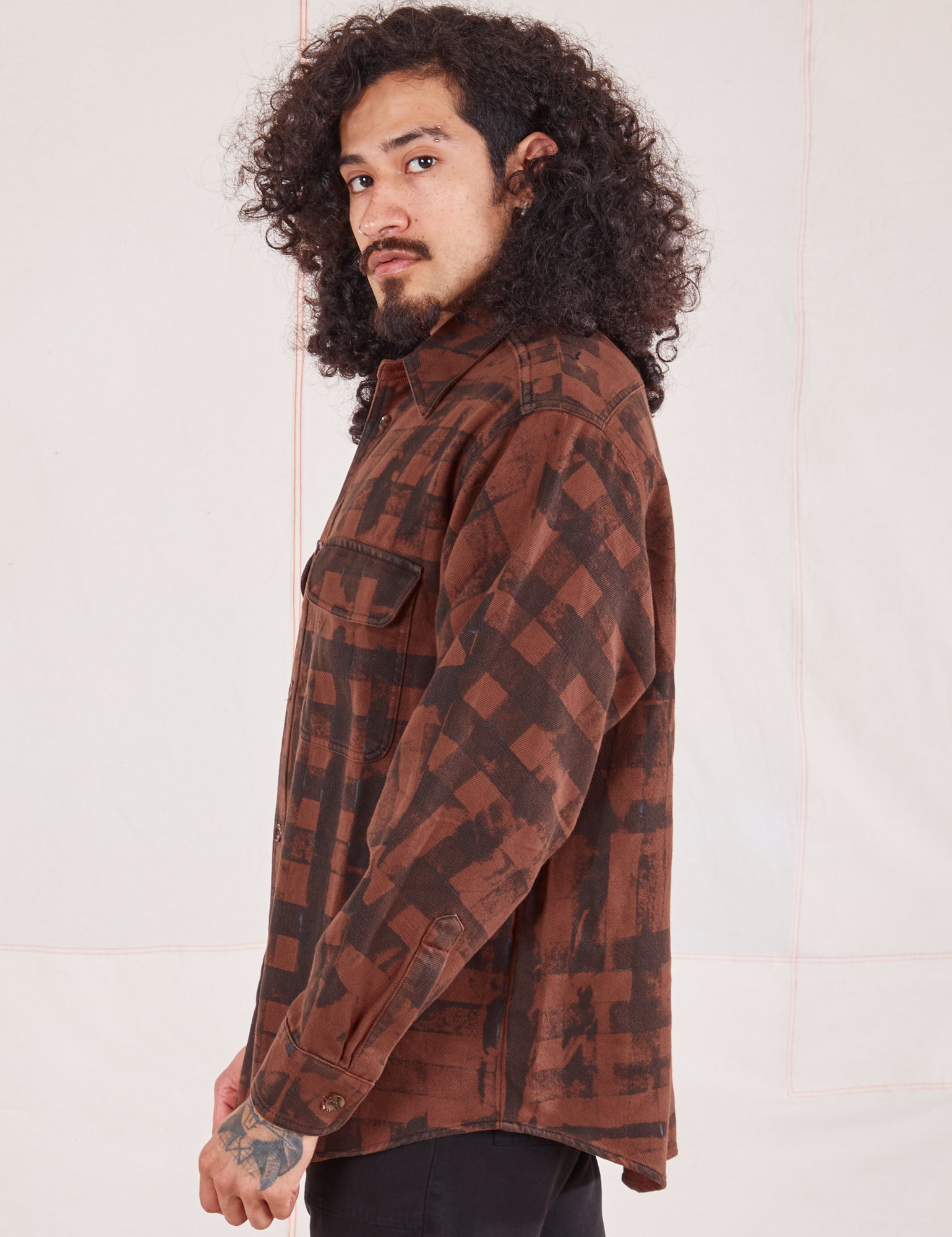 Plaid Flannel Overshirt in Fudgesicle Brown side view on Jesse