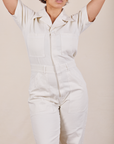 Torso close up of Short Sleeve Jumpsuit in Vintage Tee Off-White worn by Tiara