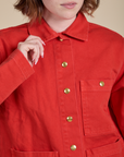 Denim Work Jacket in Mustang Red close up on Hana
