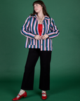 Stripe Work Jacket in Pacific Stripe and black Work Pants worn by Sydney