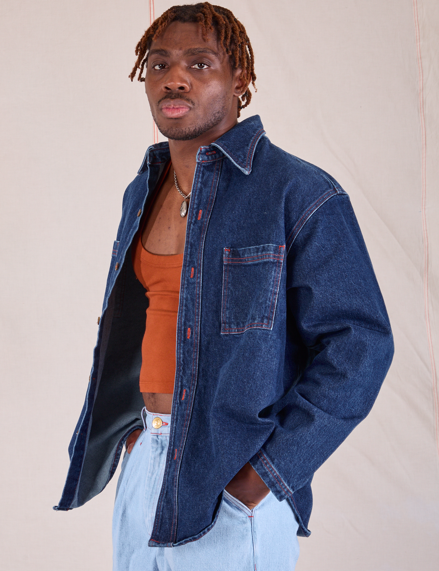 Denim Overshirt in Dark Wash angled front view on Issac