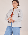 Tiara is wearing Denim Work Jacket in Dishwater White