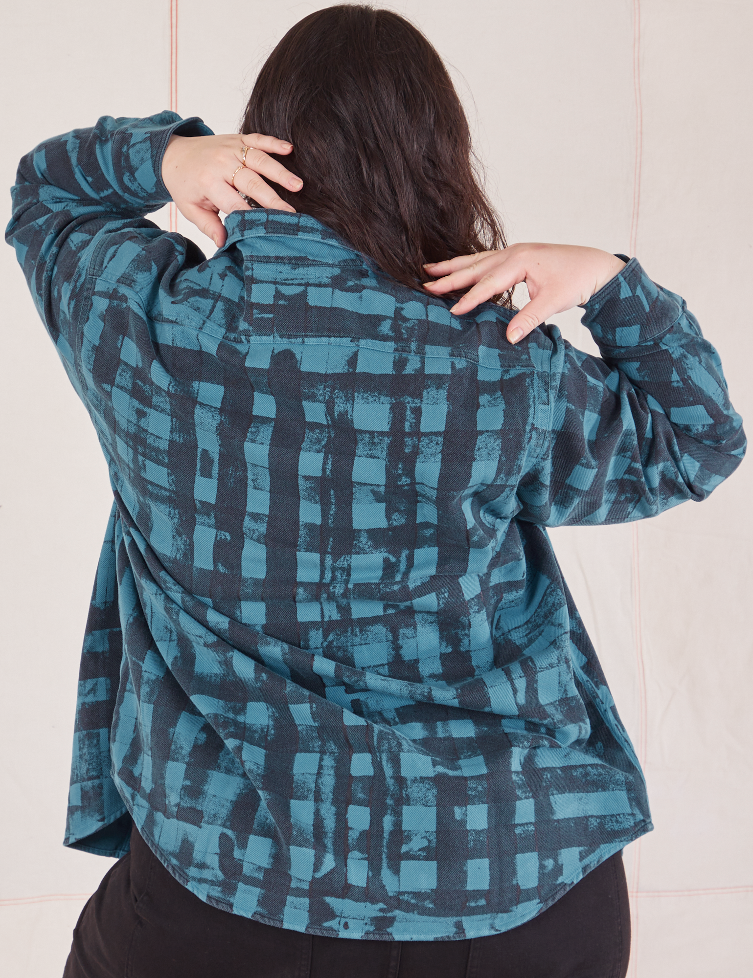 Plaid Flannel Overshirt in Marine Blue back view on Ashley