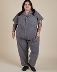 Sam is 5'10" and wearing 4XL Short Sleeve Jumpsuit in Washed Grey