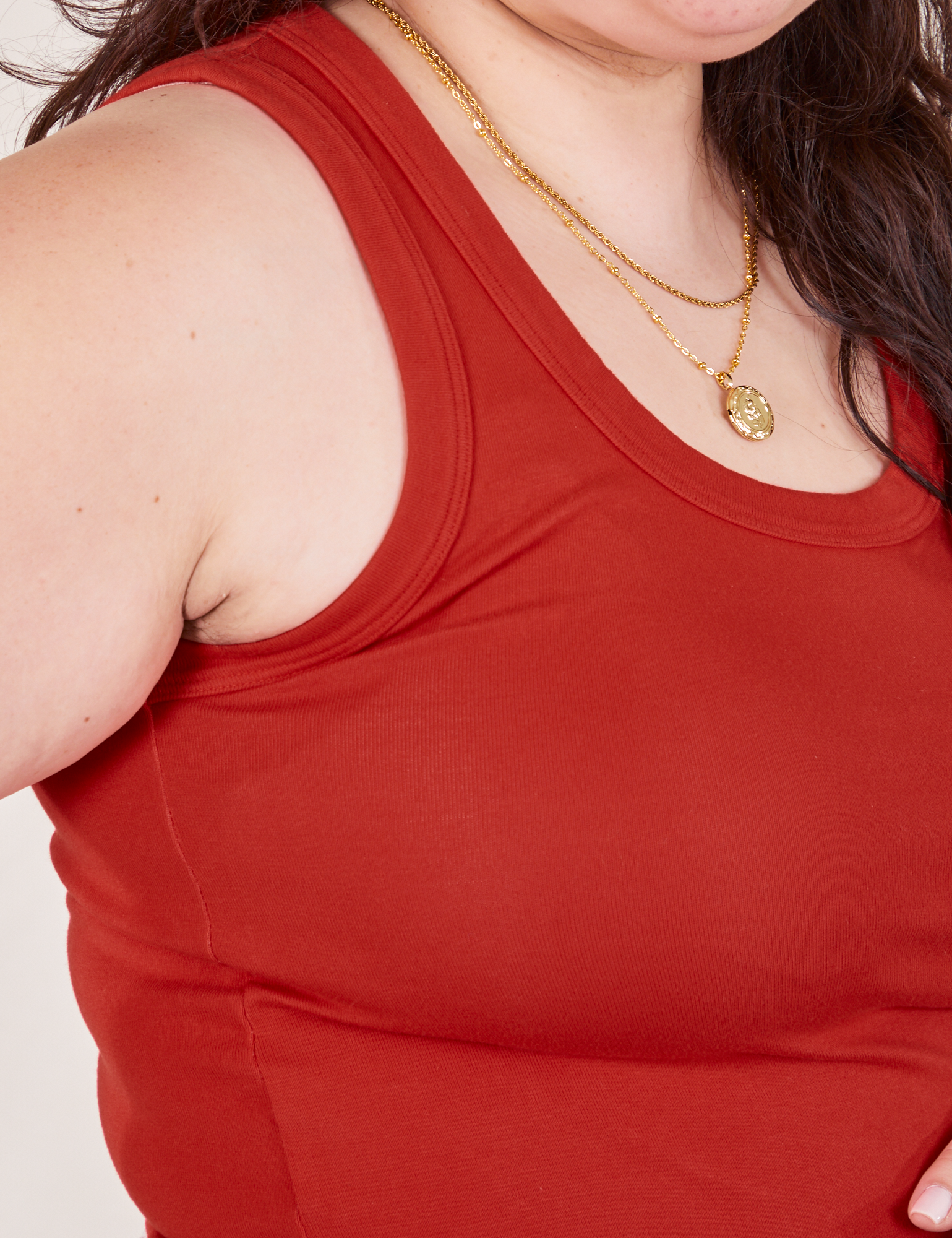 Side close up of Tank Top in Mustang Red on Ashley