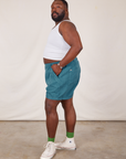 Side view of Classic Work Shorts in Marine Blue and Tank Top in vintage tee off-white on Elijah