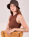 Scarlett is wearing Wide Brim Denim Bucket Hat in Espresso Brown