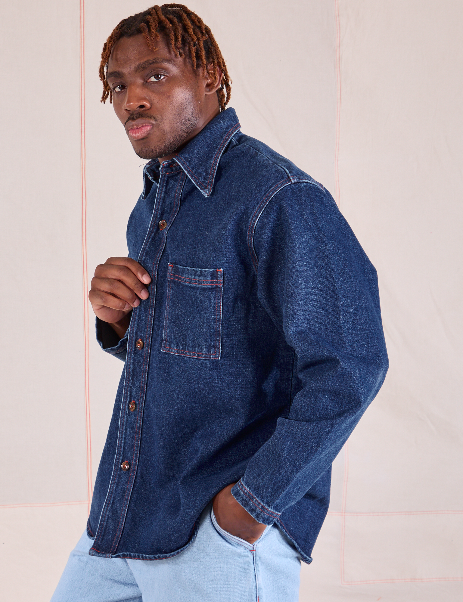 Denim Overshirt in Dark Wash side view on Issac