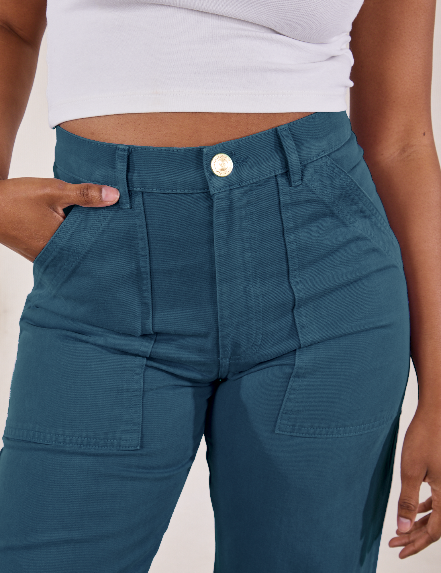 Petite Work Pants in Lagoon front close up on Kandia