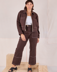 Tiara is wearing Railroad Carpenter Jeans in Fudgesicle Brown and matching Mechanic Jacket