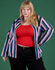 Juliet is 5’7” and wearing L Stripe Work Jacket in Pacific Stripe