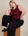 Muscle Tee in Red Wine and black Drop Pocket Cargo Pants on Juliet