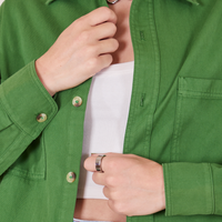 Front close up of Oversize Overshirt in Lawn Green worn by Alex