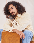 Jesse is wearing Corduroy Overshirt in Vintage Off-White