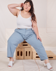 Ashley is wearing Heavyweight Trousers in Periwinkle and Cropped Cami in vintage tee off-white