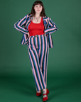 Sydney is wearing Work Pants in Pacific Stripe paired with matching Work Jacket