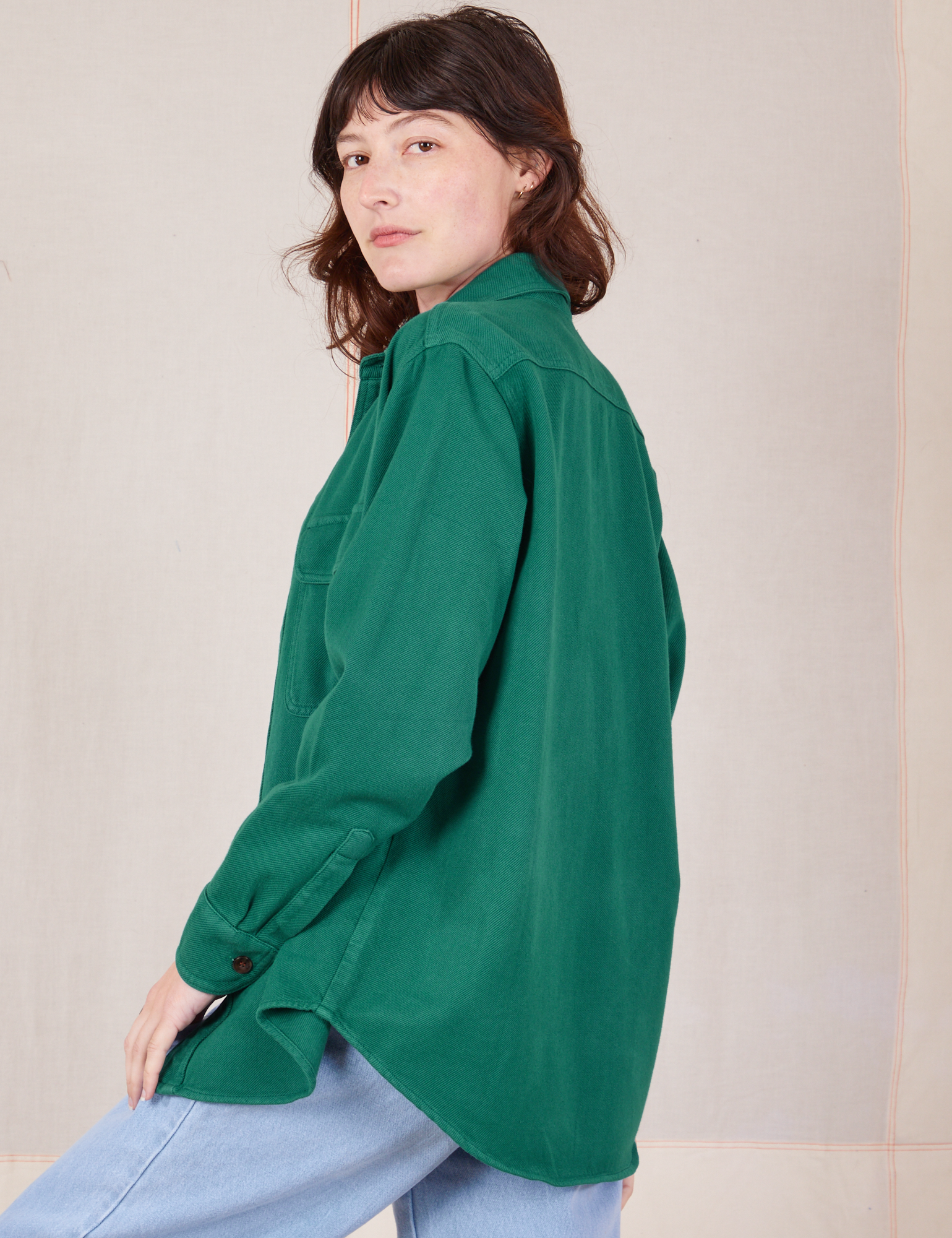 Side view of Flannel Overshirt in Hunter Green on Alex