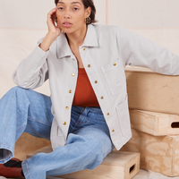 Tiara is wearing Denim Work Jacket in Dishwater White