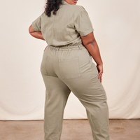 Back view of Short Sleeve Jumpsuit in Khaki Grey worn by Morgan