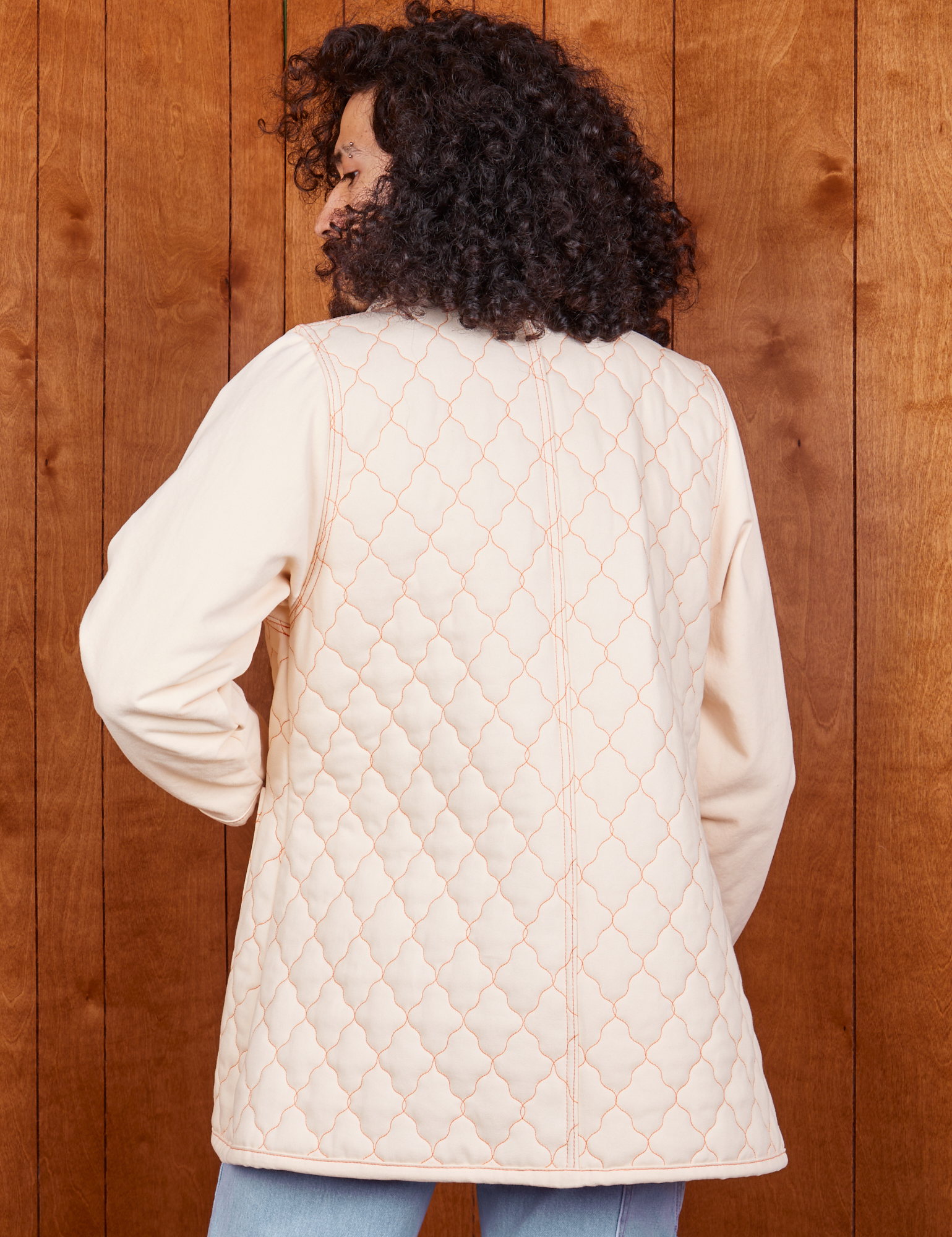Back view of Quilted Overcoat in Vintage Off-White on Jesse