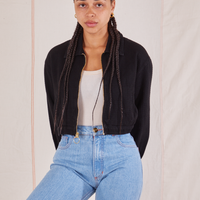 Gabi is 5'7" and wearing P Ricky Jacket in Basic Black