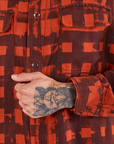 Front close up of Plaid Flannel Overshirt in Paprika on Jesse