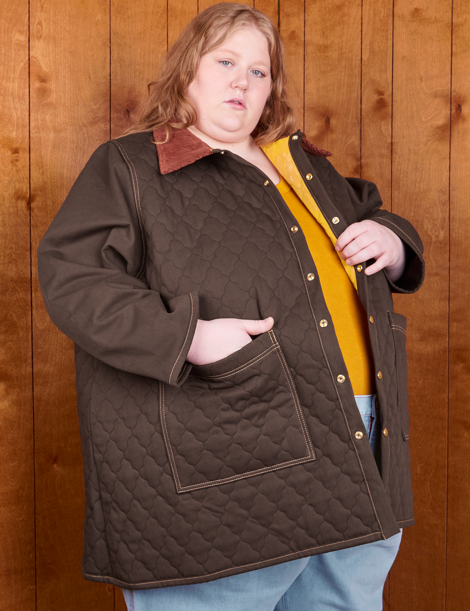 Angled front view of Quilted Overcoat in Espresso Brown on Catie