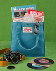 Shopper Tote Bag in Marine Blue with records and books inside